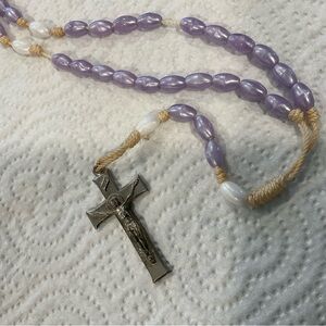 Purple and White Beaded Rosary with metal Cross Necklace